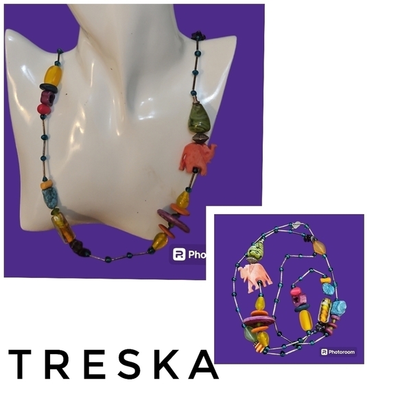 TRESKA Elephant Lampwork Glass Funky Tribal Beaded Long Necklace - Picture 1 of 7